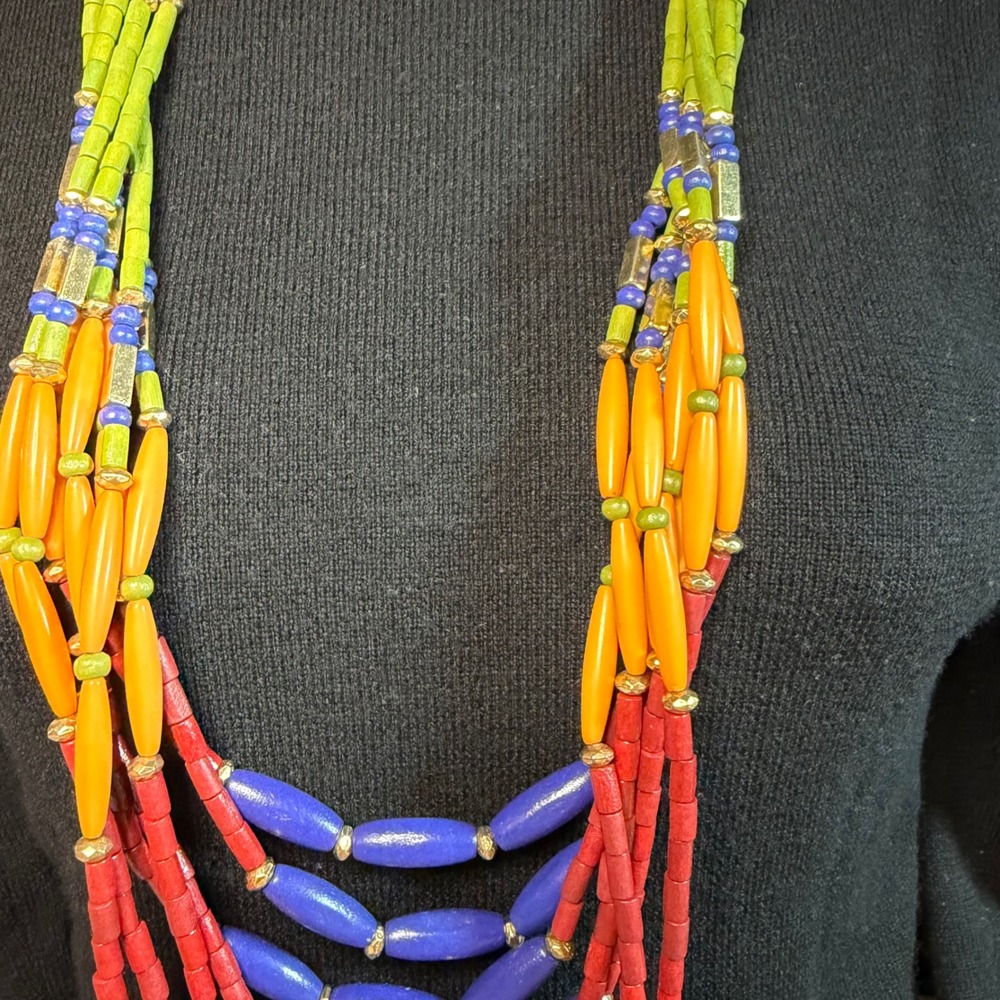Core Multi Strand Rainbow Beaded Statement Necklace and Earring Set Gold Tone - Picture 2 of 8